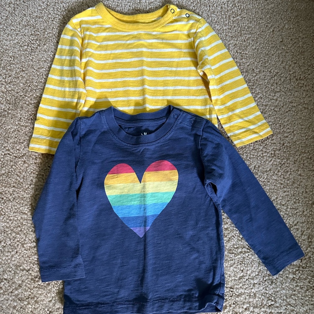 Primary Yellow Striped and Navy Heart Long Sleeve Tees 12-18M